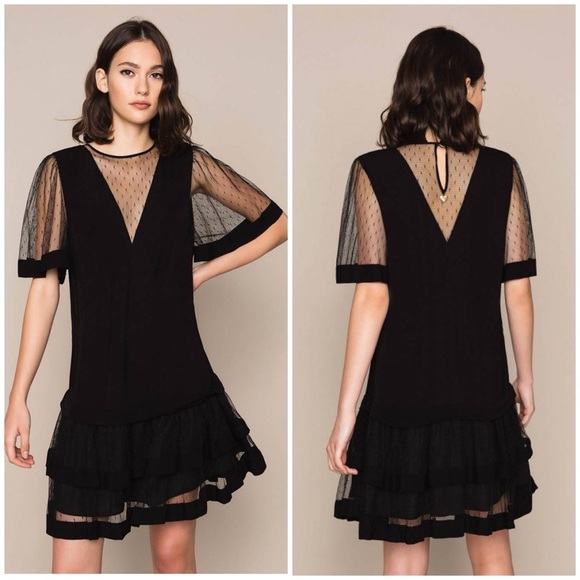 Twin-Set Dresses & Skirts - NWT Twinset Short Sleeve Flounce Mini Dress Black Swiss Dot Illusion Sz 42